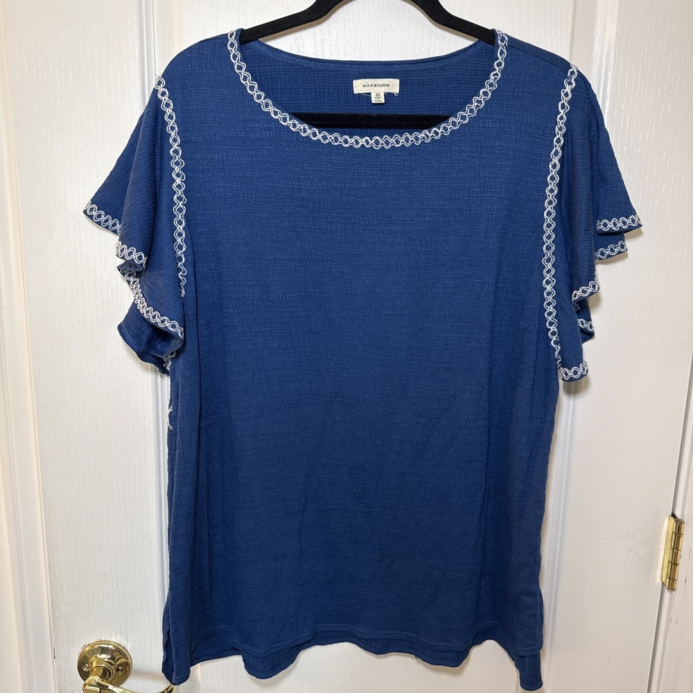 Max Studio Plus 2X Navy Top Crochet Trim Short Sleeve Textured Boho Casual